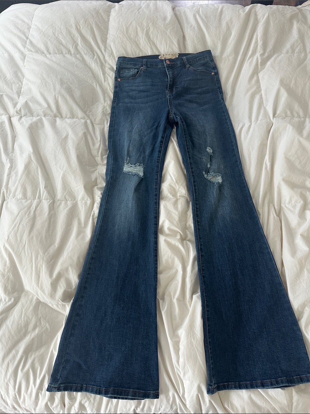 Altar'd State Dark Blue Flare Jeans with Knee Distress